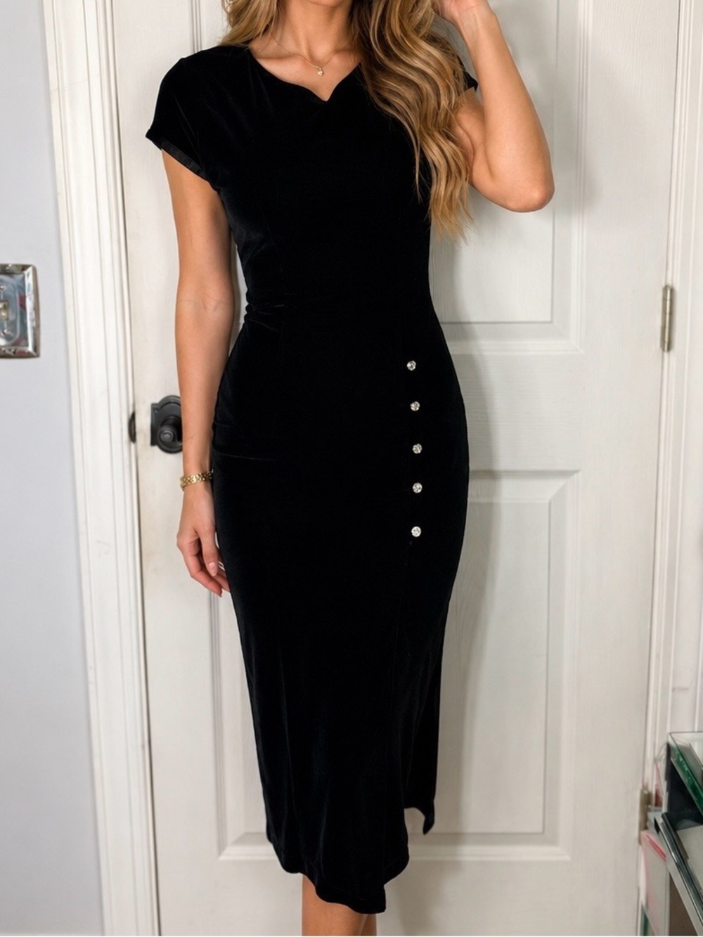 Vintage Elegant Black Midi Dress with Rhinestone Side Button Detail